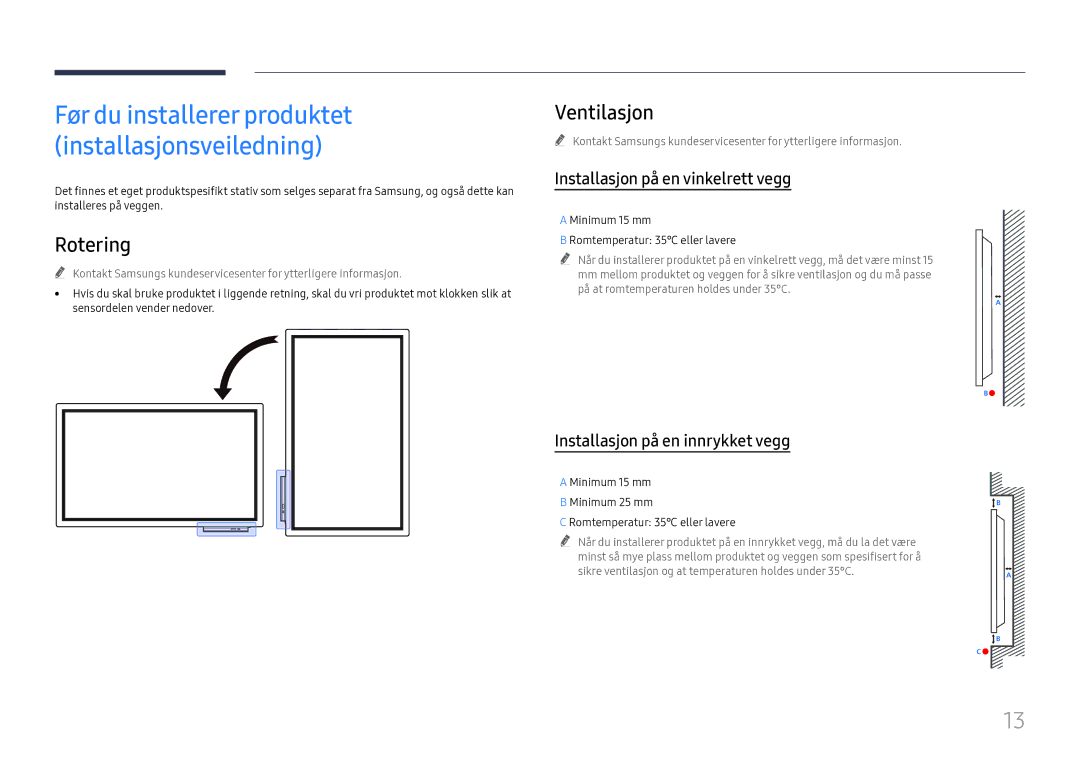 Samsung LH55WMHPTWC/EN manual Rotering, Ventilasjon, Minimum 15 mm Romtemperatur 35 eller lavere 