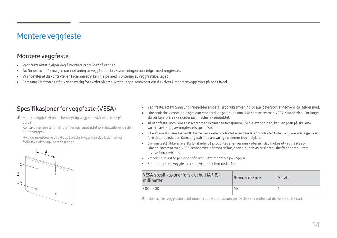 Samsung LH55WMHPTWC/EN manual Montere veggfeste, Spesifikasjoner for veggfeste Vesa, Standardskrue Antall Millimeter, 400 × 