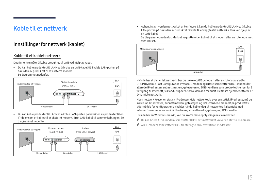 Samsung LH55WMHPTWC/EN manual Koble til et nettverk, Innstillinger for nettverk kablet 