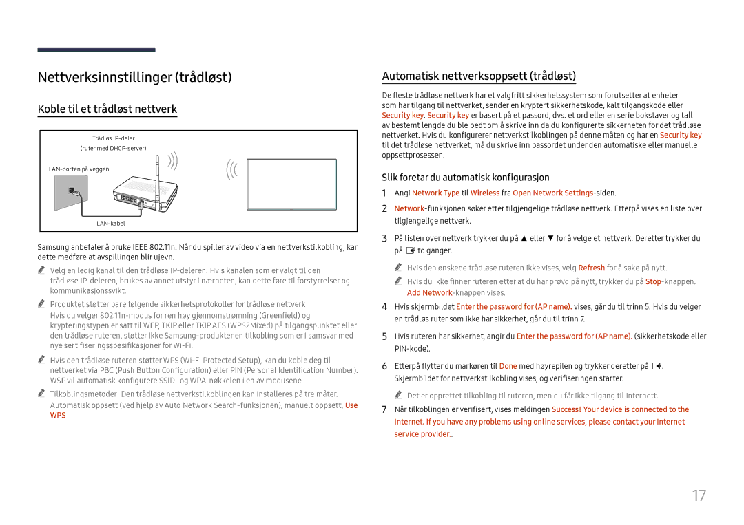 Samsung LH55WMHPTWC/EN manual Nettverksinnstillinger trådløst, Wps 