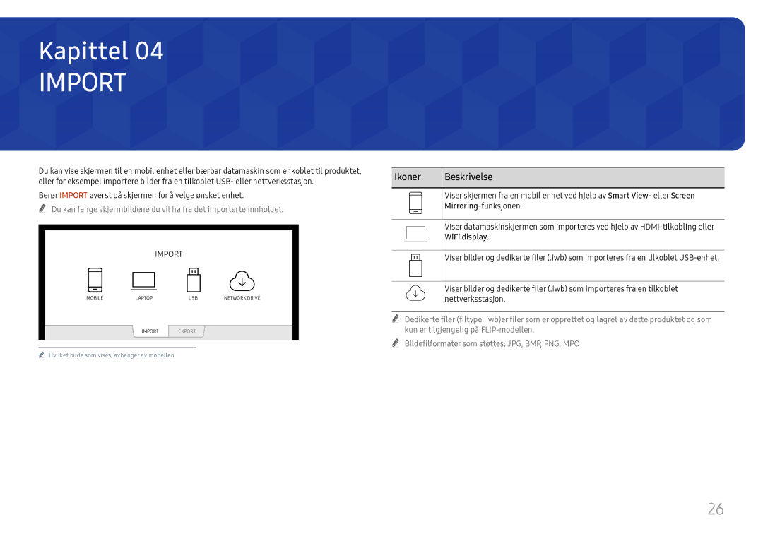 Samsung LH55WMHPTWC/EN Ikoner Beskrivelse, Berør Import øverst på skjermen for å velge ønsket enhet, Mirroring-funksjonen 