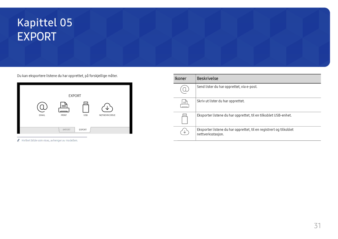 Samsung LH55WMHPTWC/EN manual Send lister du har opprettet, via e-post, Skriv ut lister du har opprettet 