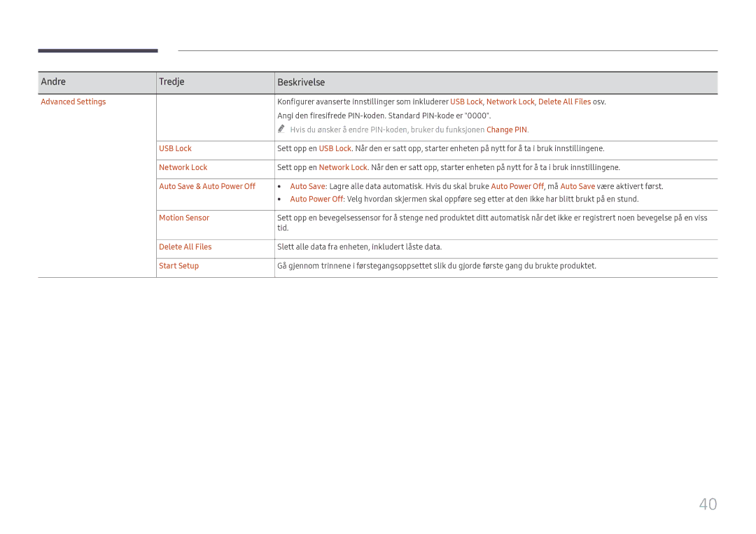 Samsung LH55WMHPTWC/EN Advanced Settings, USB Lock, Network Lock, Auto Save & Auto Power Off, Motion Sensor, Start Setup 