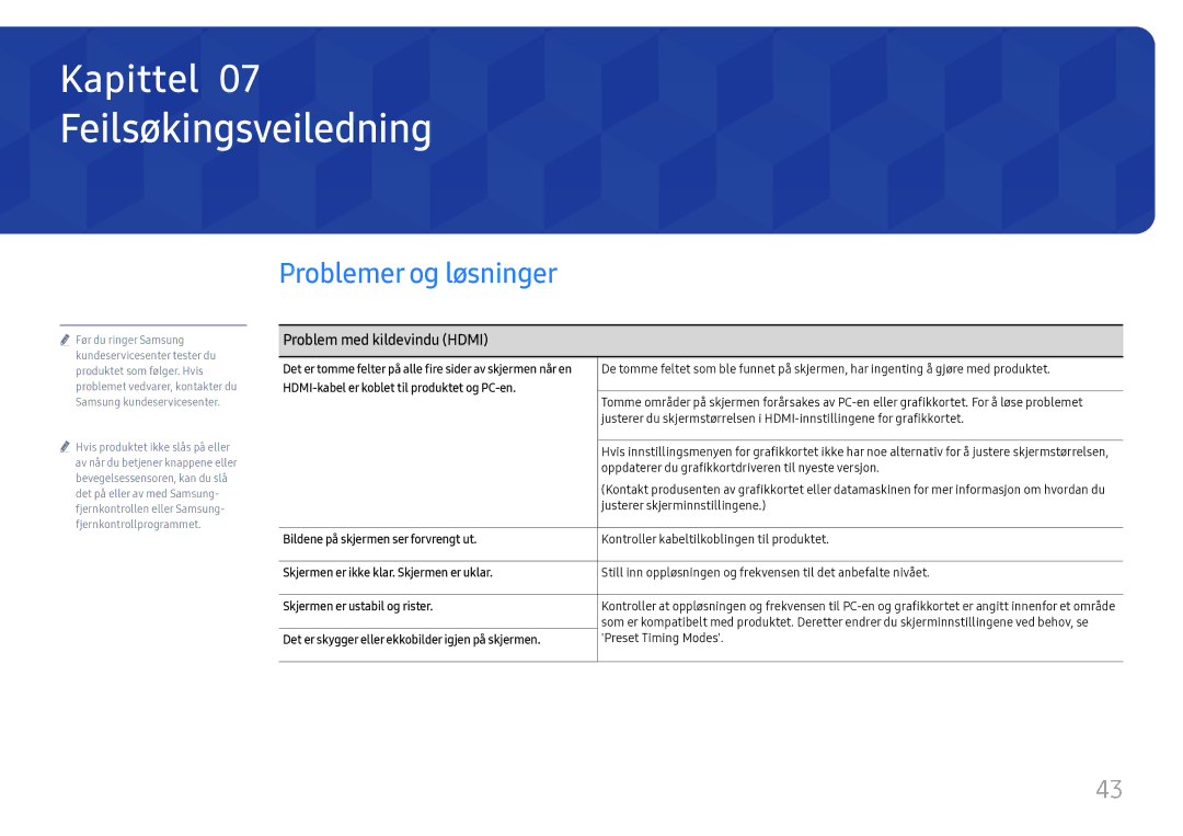 Samsung LH55WMHPTWC/EN manual Feilsøkingsveiledning, Problemer og løsninger, Problem med kildevindu Hdmi 