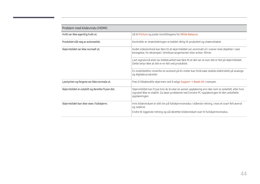 Samsung LH55WMHPTWC/EN manual Hvitt ser ikke egentlig hvitt ut, Produktet slår seg av automatisk 