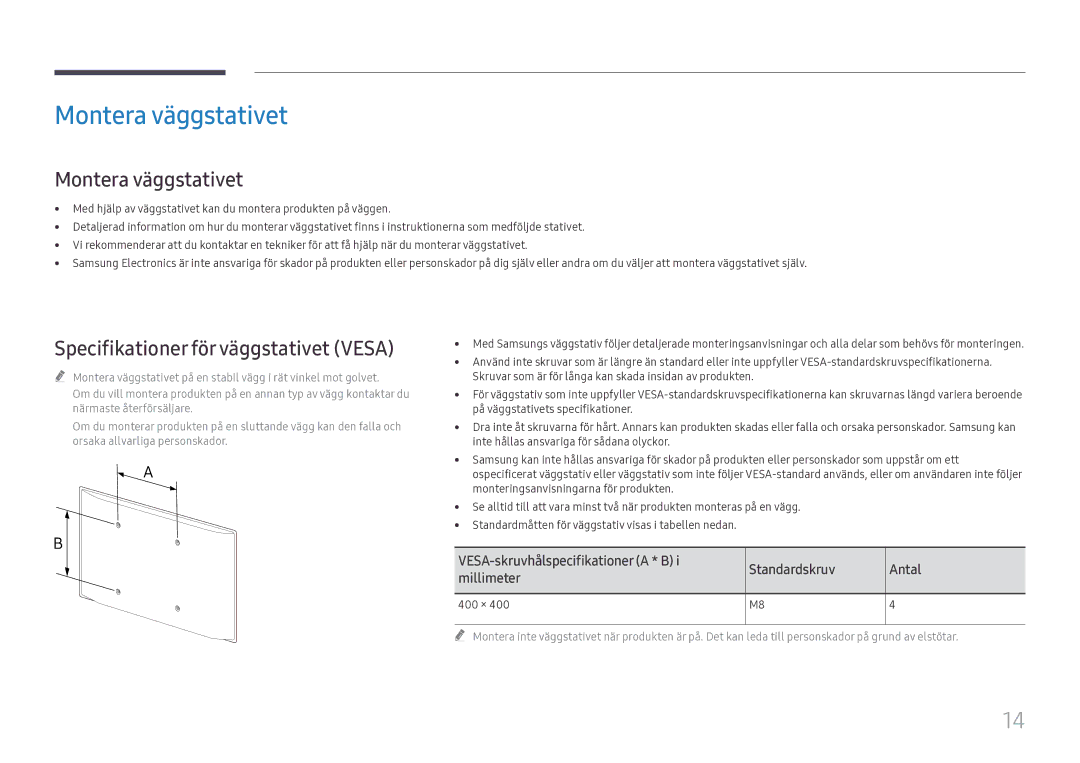 Samsung LH55WMHPTWC/EN manual Montera väggstativet, Specifikationer för väggstativet Vesa, 400 × 