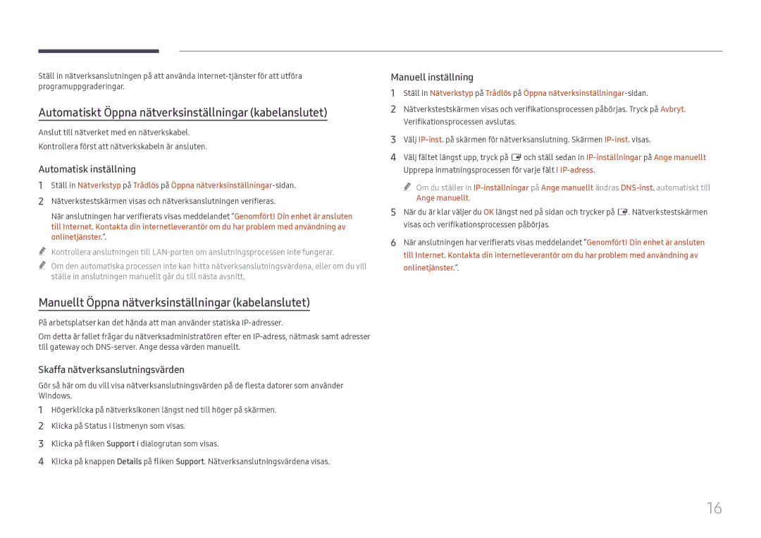 Samsung LH55WMHPTWC/EN Automatiskt Öppna nätverksinställningar kabelanslutet, Automatisk inställning, Manuell inställning 