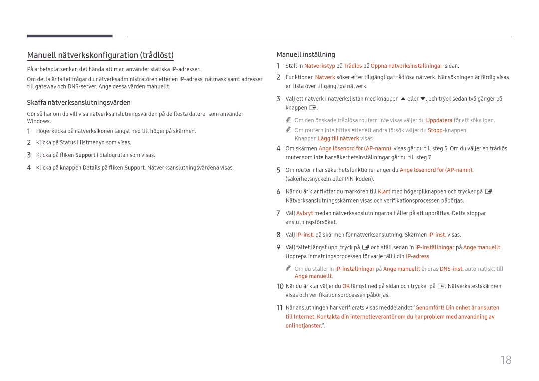 Samsung LH55WMHPTWC/EN manual Manuell nätverkskonfiguration trådlöst 