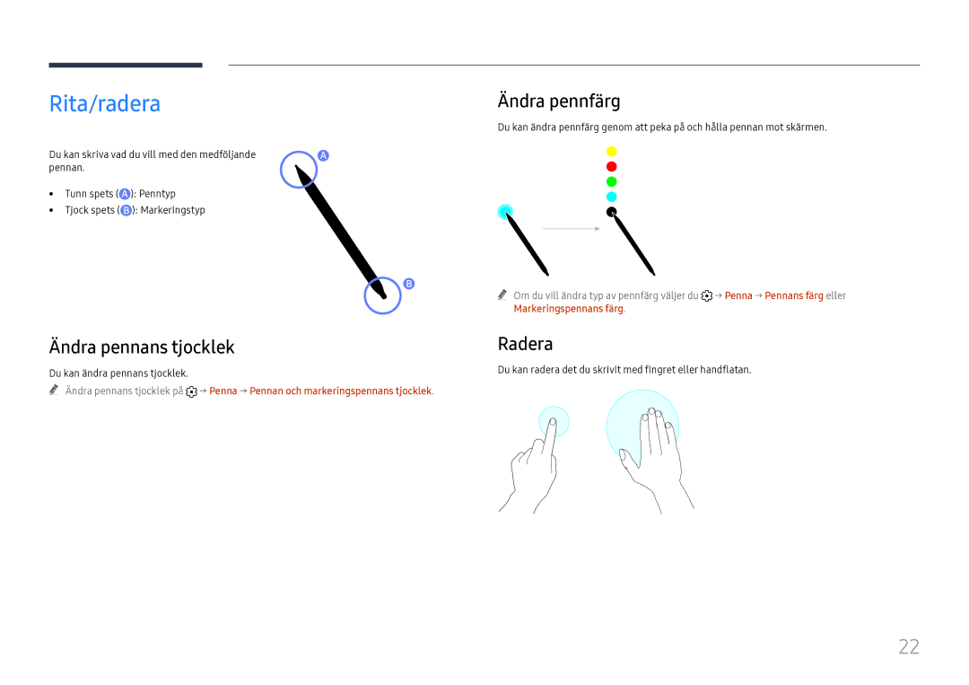Samsung LH55WMHPTWC/EN manual Rita/radera, Ändra pennans tjocklek, Ändra pennfärg, Radera 
