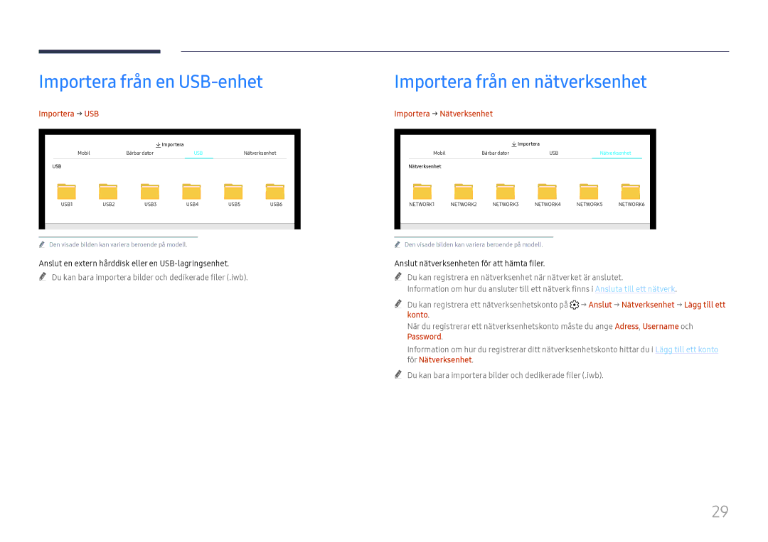 Samsung LH55WMHPTWC/EN manual Importera från en USB-enhet, Importera från en nätverksenhet, Importera → USB 