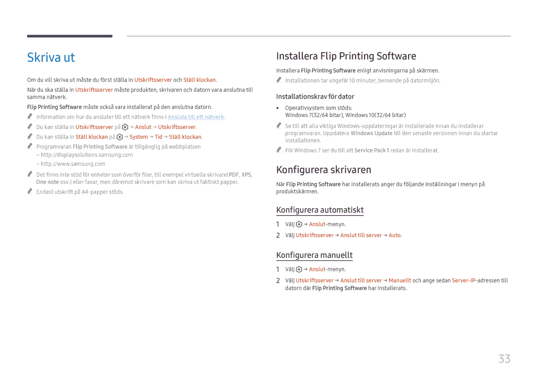 Samsung LH55WMHPTWC/EN manual Skriva ut, Installera Flip Printing Software, Konfigurera skrivaren, Konfigurera automatiskt 
