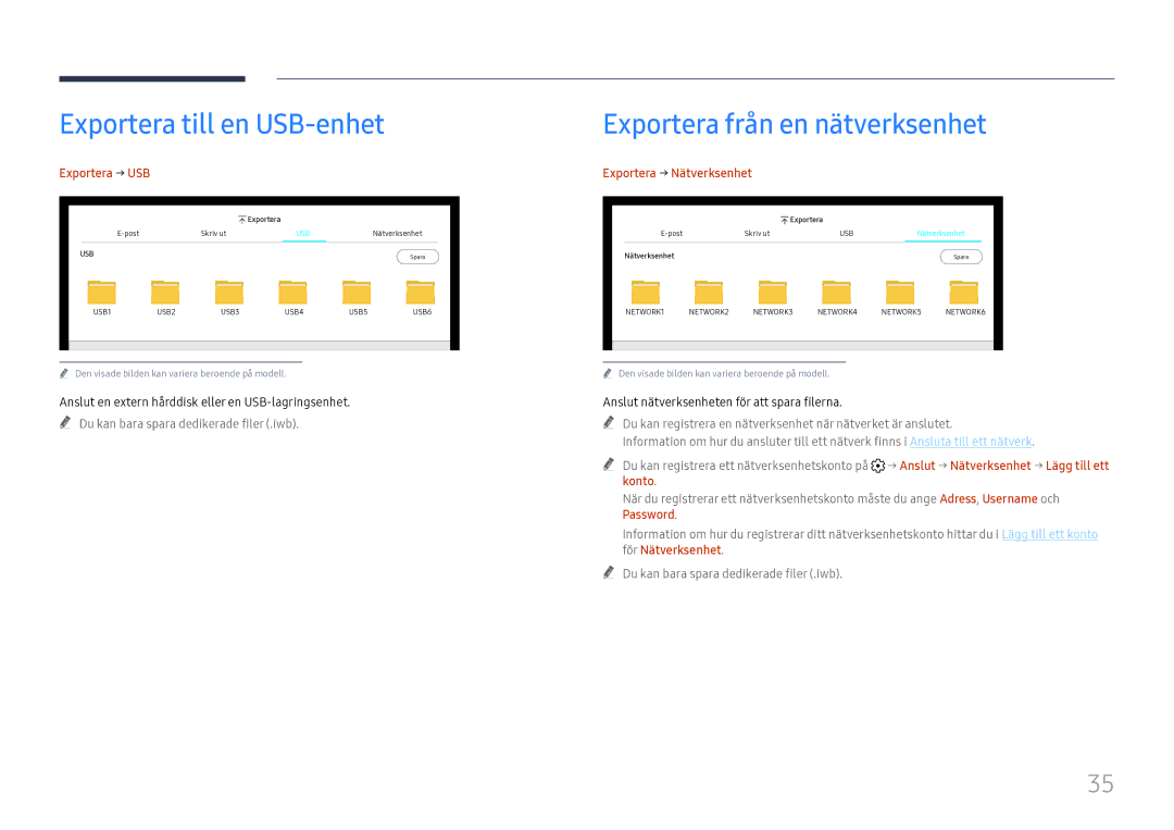 Samsung LH55WMHPTWC/EN manual Exportera till en USB-enhet, Exportera från en nätverksenhet, Exportera → USB 