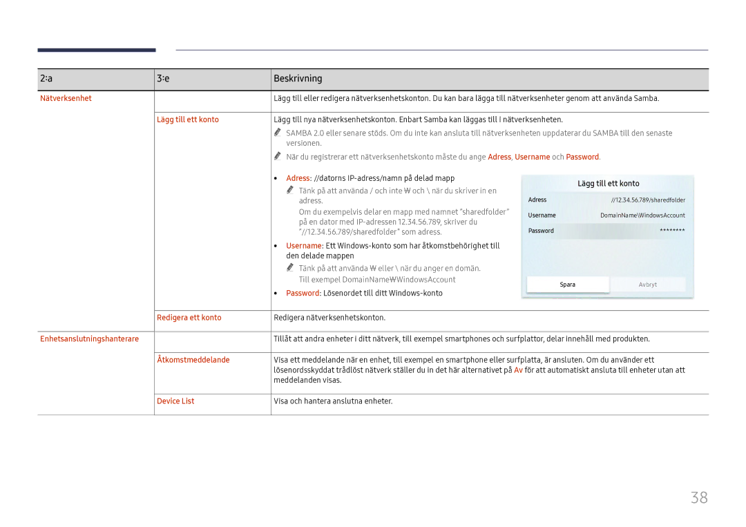 Samsung LH55WMHPTWC/EN Nätverksenhet, Lägg till ett konto, Redigera ett konto, Enhetsanslutningshanterare, Device List 