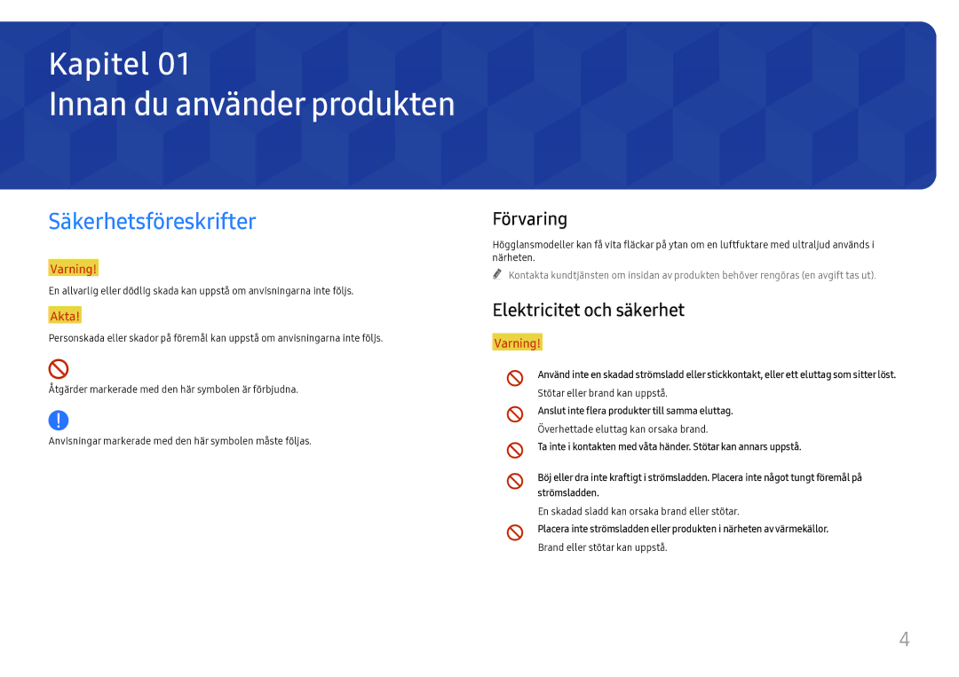 Samsung LH55WMHPTWC/EN manual Säkerhetsföreskrifter, Förvaring, Elektricitet och säkerhet 