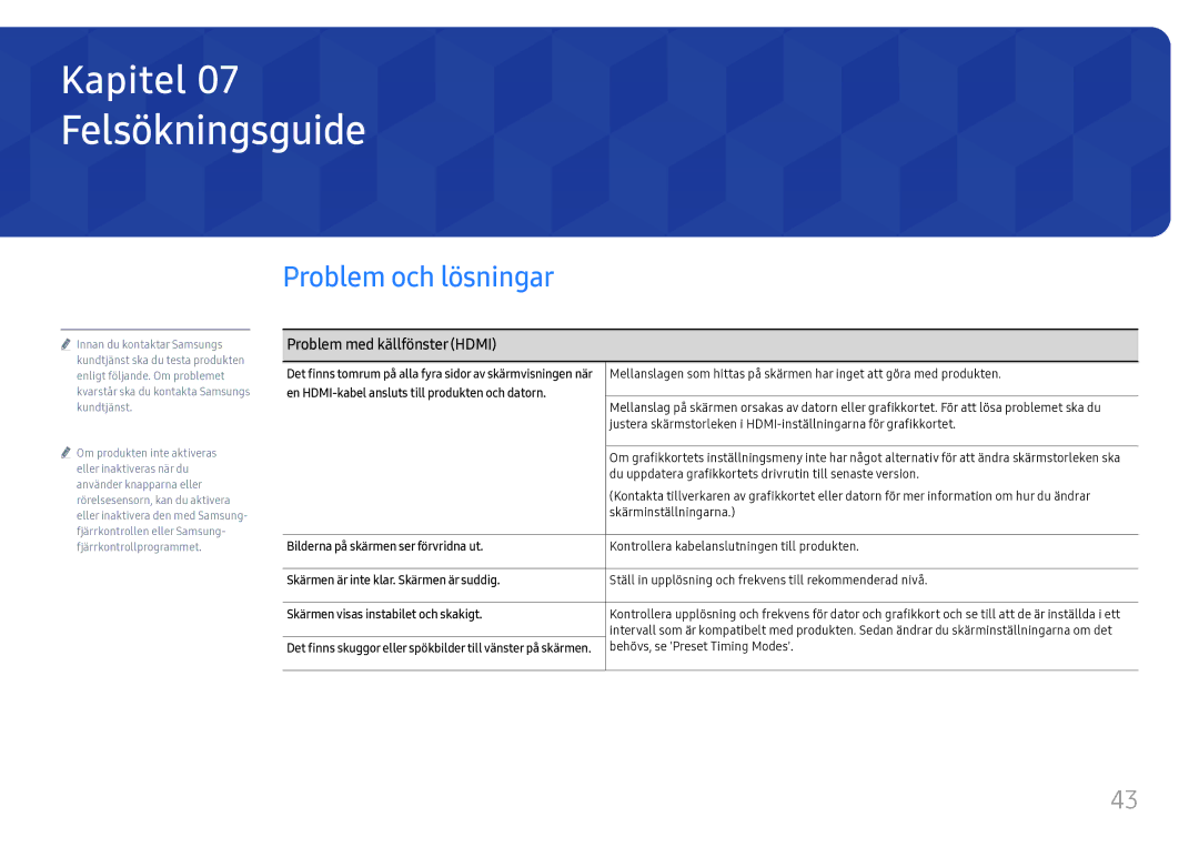 Samsung LH55WMHPTWC/EN manual Felsökningsguide, Problem och lösningar, Problem med källfönster Hdmi 