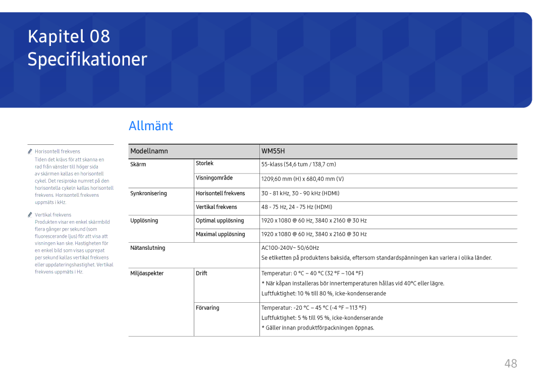 Samsung LH55WMHPTWC/EN manual Specifikationer, Allmänt, Modellnamn 