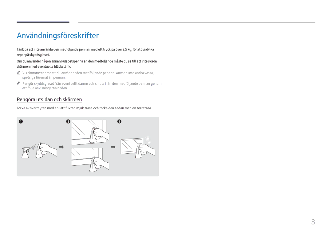 Samsung LH55WMHPTWC/EN manual Användningsföreskrifter, Rengöra utsidan och skärmen 