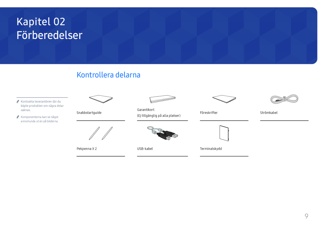 Samsung LH55WMHPTWC/EN manual Förberedelser, Kontrollera delarna 