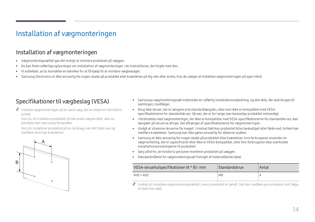 Samsung LH55WMHPTWC/EN manual Installation af vægmonteringen, Specifikationer til vægbeslag Vesa, 400 × 