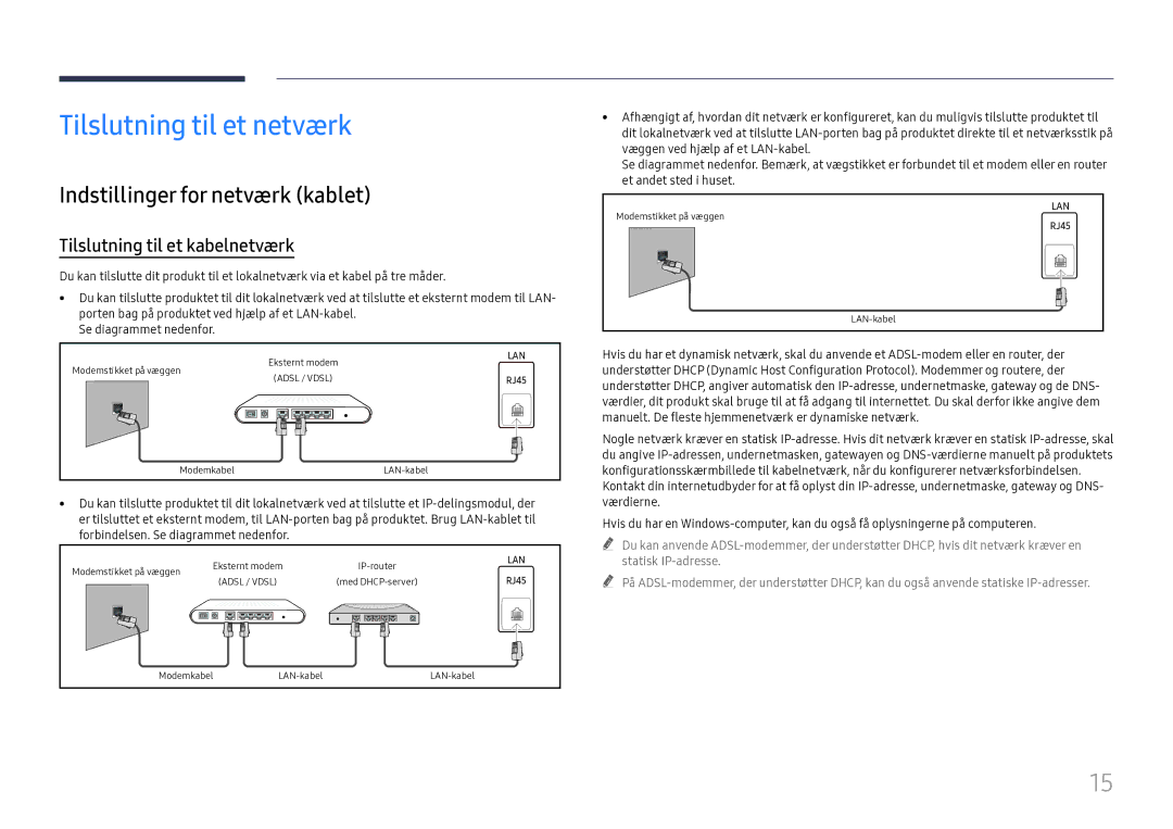 Samsung LH55WMHPTWC/EN manual Tilslutning til et netværk, Indstillinger for netværk kablet, Tilslutning til et kabelnetværk 