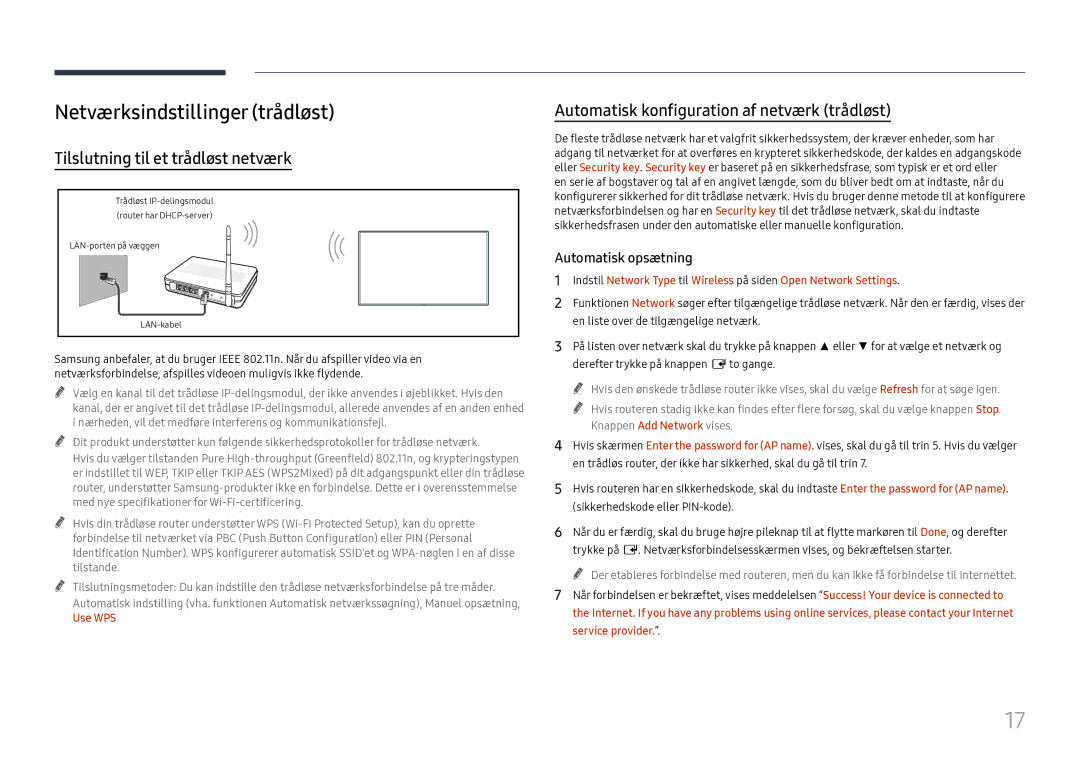 Samsung LH55WMHPTWC/EN manual Netværksindstillinger trådløst, Tilslutning til et trådløst netværk, Use WPS 