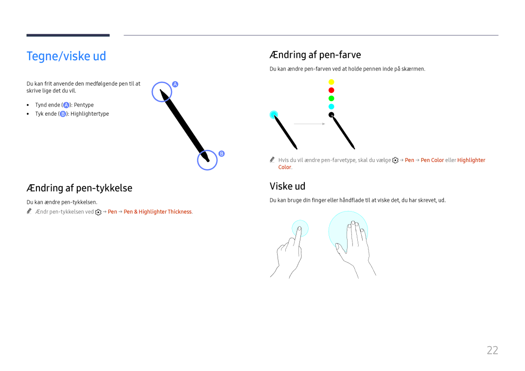 Samsung LH55WMHPTWC/EN manual Tegne/viske ud, Ændring af pen-tykkelse, Ændring af pen-farve, Viske ud 