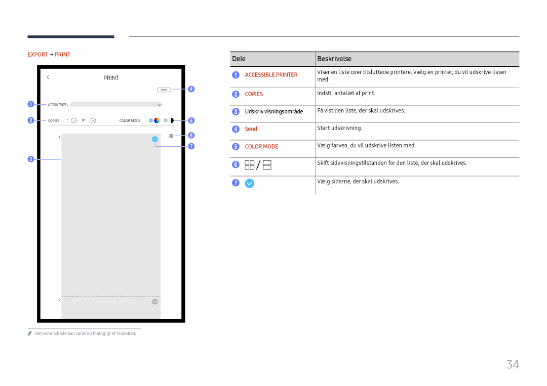 Samsung LH55WMHPTWC/EN manual Export → Print, Accessible Printer, Copies, Udskriv visningsområde, Color Mode 