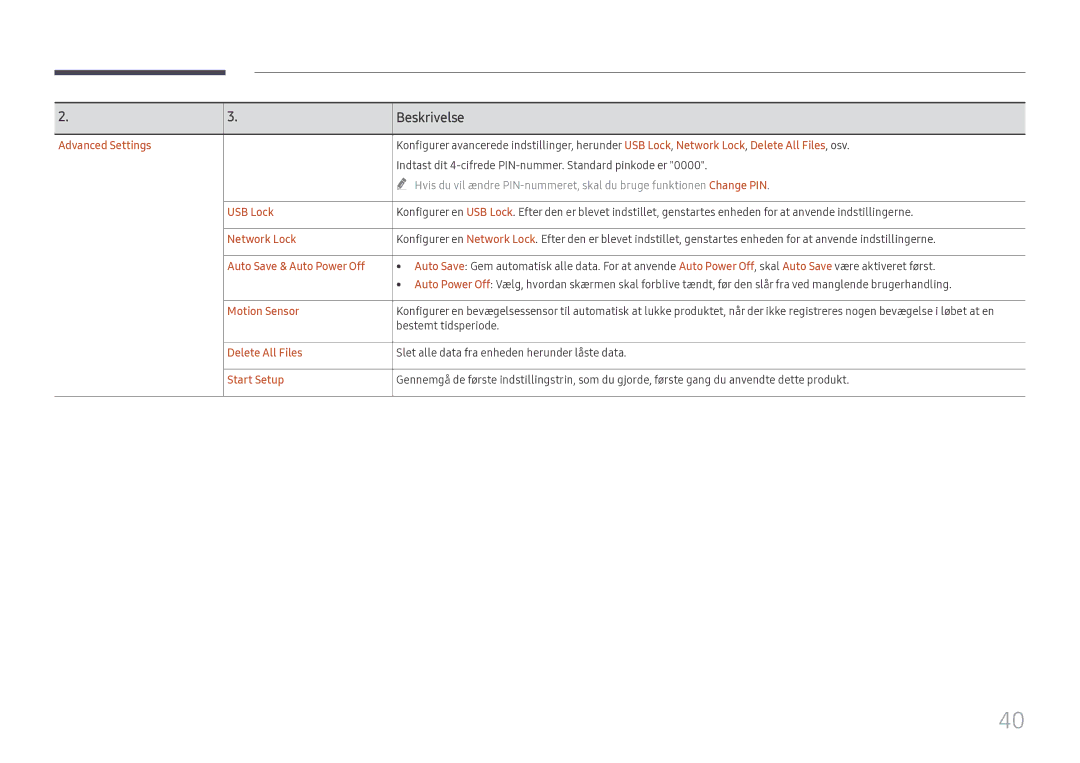 Samsung LH55WMHPTWC/EN Advanced Settings, USB Lock, Network Lock, Auto Save & Auto Power Off, Motion Sensor, Start Setup 