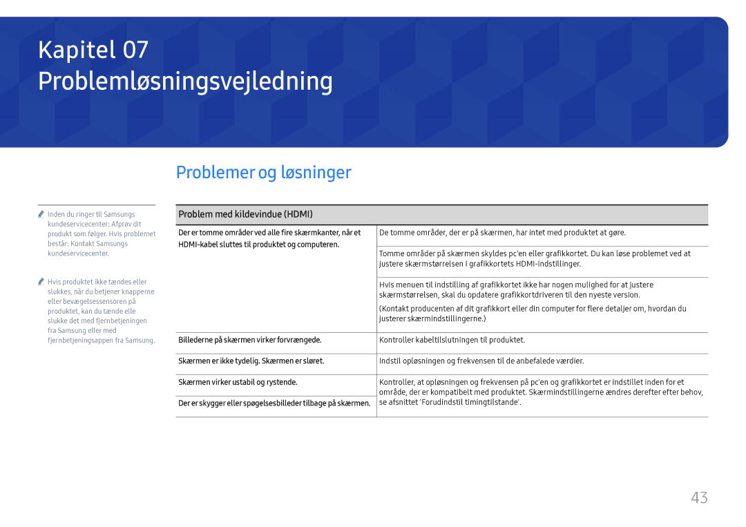 Samsung LH55WMHPTWC/EN manual Problemløsningsvejledning, Problemer og løsninger, Problem med kildevindue Hdmi 