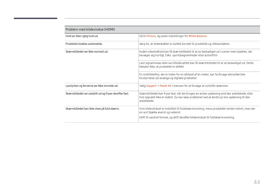 Samsung LH55WMHPTWC/EN manual Hvid ser ikke rigtig hvid ud, Produktet slukkes automatisk, Skærmbilledet ser ikke normalt ud 