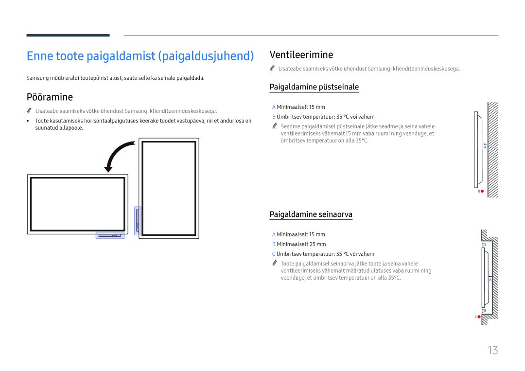 Samsung LH55WMHPTWC/EN manual Pööramine, Ventileerimine, Paigaldamine püstseinale, Paigaldamine seinaorva 