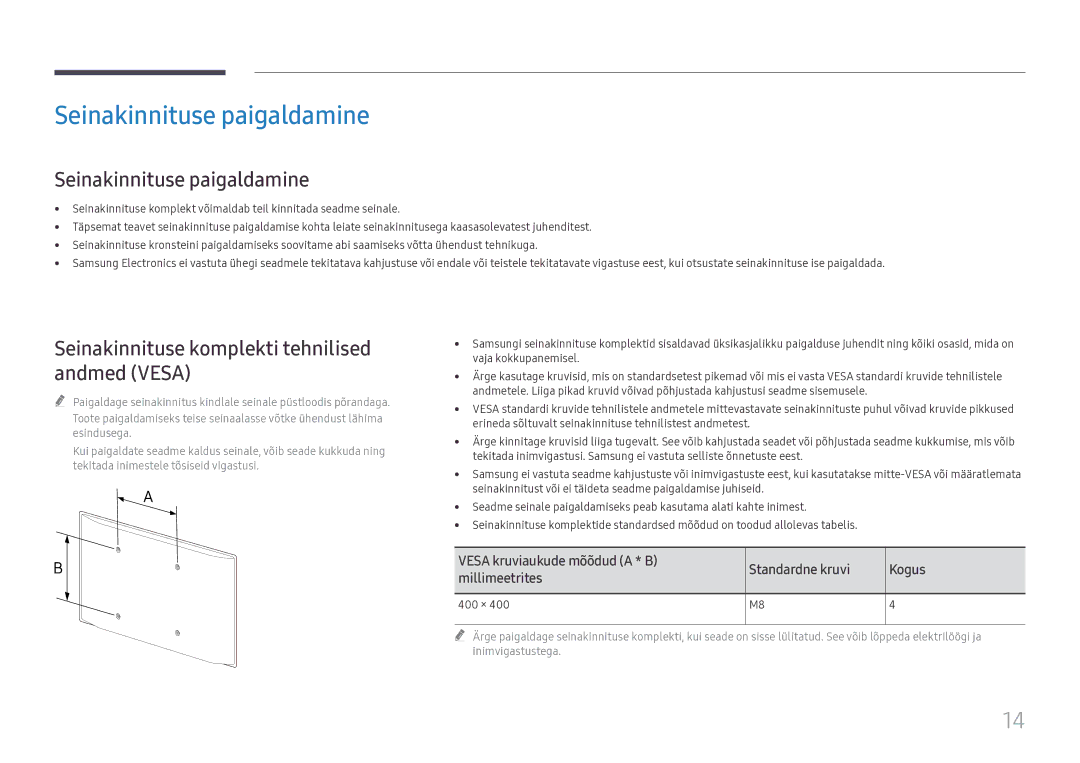 Samsung LH55WMHPTWC/EN manual Seinakinnituse paigaldamine, Seinakinnituse komplekti tehnilised andmed Vesa, 400 × 