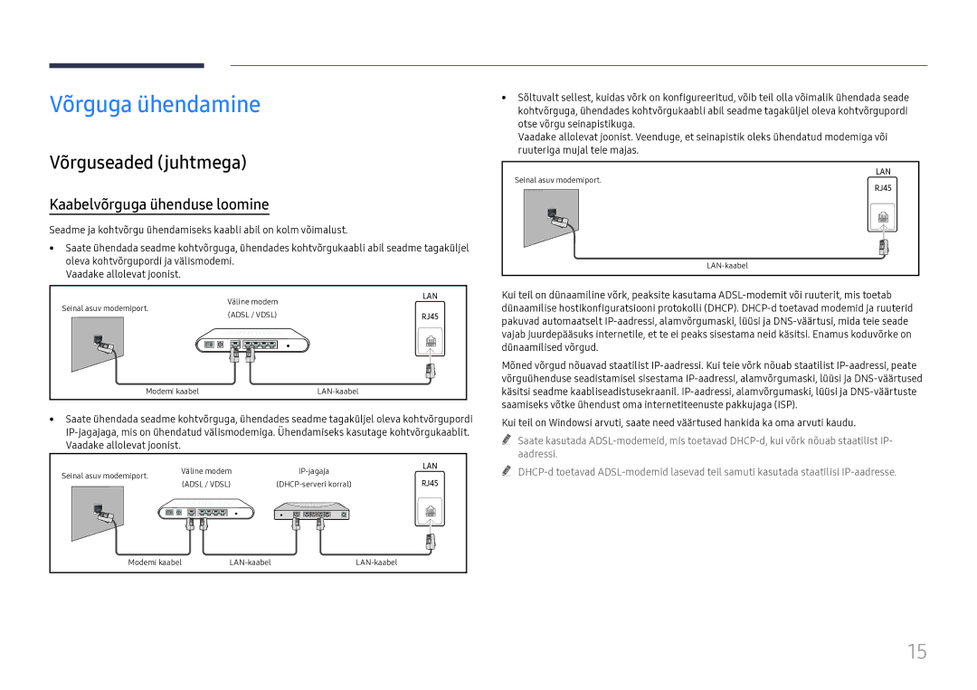 Samsung LH55WMHPTWC/EN manual Võrguga ühendamine, Võrguseaded juhtmega, Kaabelvõrguga ühenduse loomine 