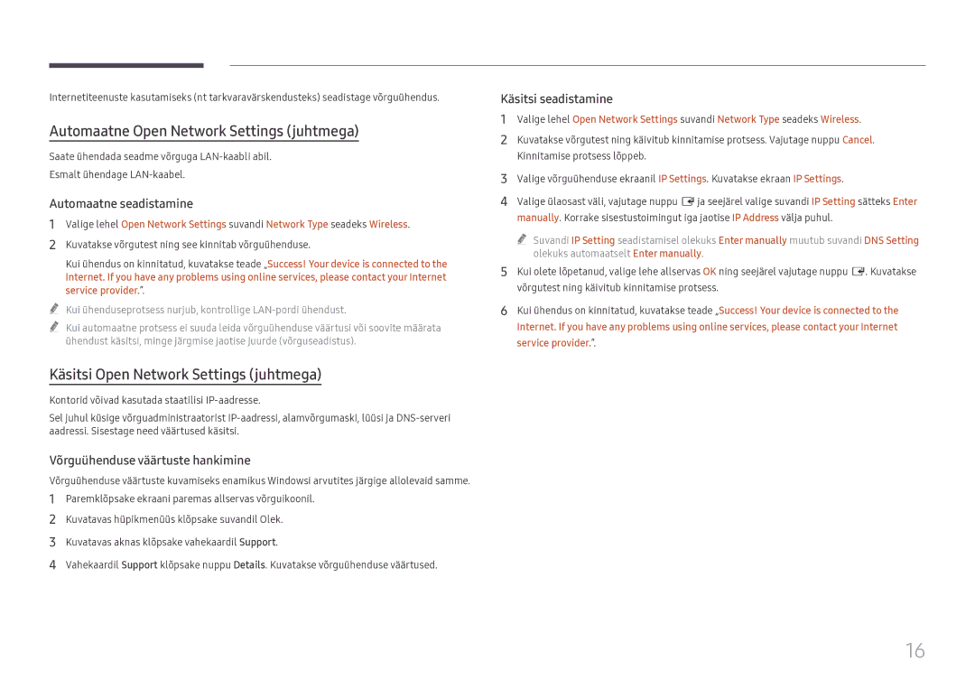 Samsung LH55WMHPTWC/EN manual Automaatne Open Network Settings juhtmega, Käsitsi Open Network Settings juhtmega 