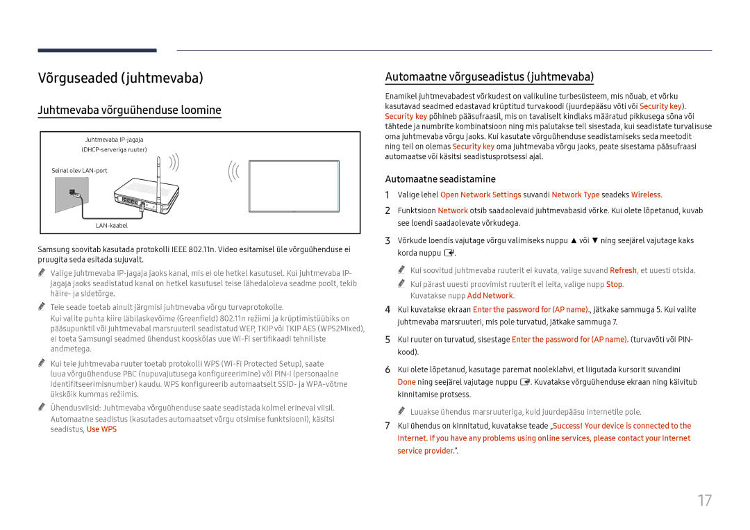 Samsung LH55WMHPTWC/EN Võrguseaded juhtmevaba, Juhtmevaba võrguühenduse loomine, Automaatne võrguseadistus juhtmevaba 