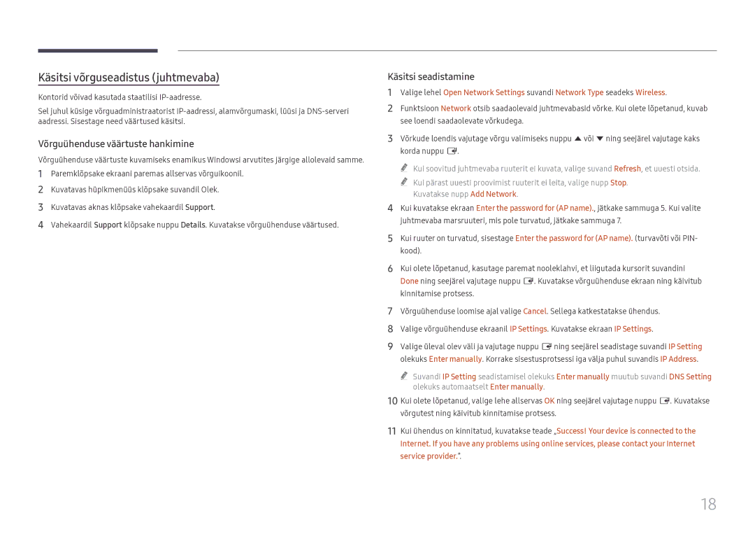 Samsung LH55WMHPTWC/EN manual Käsitsi võrguseadistus juhtmevaba 