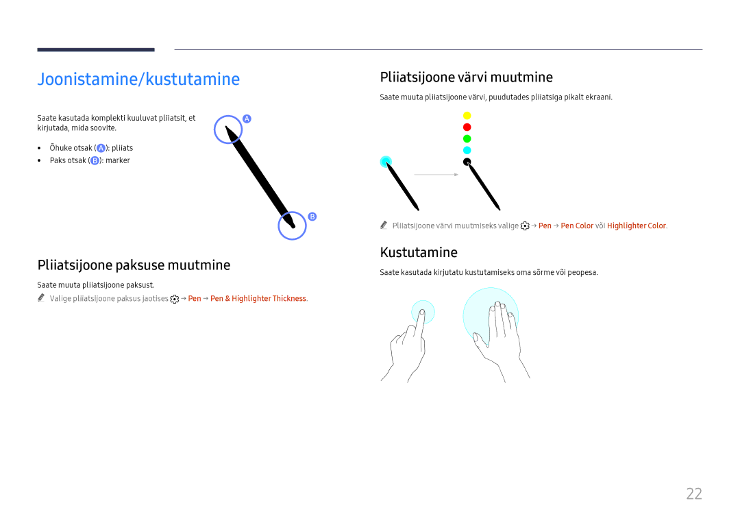 Samsung LH55WMHPTWC/EN Joonistamine/kustutamine, Pliiatsijoone paksuse muutmine, Pliiatsijoone värvi muutmine, Kustutamine 