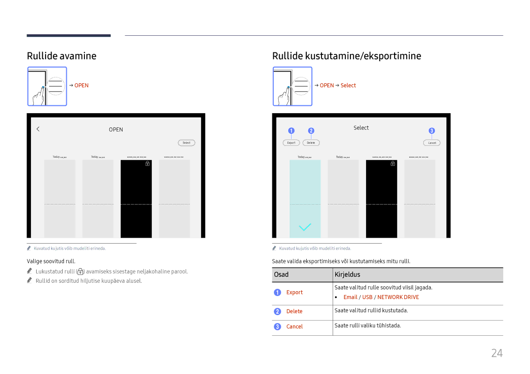 Samsung LH55WMHPTWC/EN manual Rullide avamine, Rullide kustutamine/eksportimine, → Open 