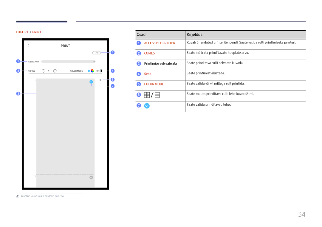 Samsung LH55WMHPTWC/EN manual Export → Print, Accessible Printer, Copies, Printimise eelvaate ala, Color Mode 