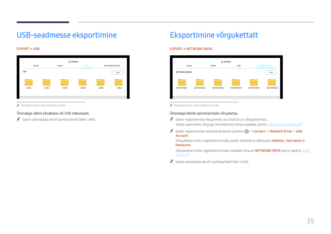 Samsung LH55WMHPTWC/EN manual USB-seadmesse eksportimine, Eksportimine võrgukettalt, Export → USB, Export → Network Drive 