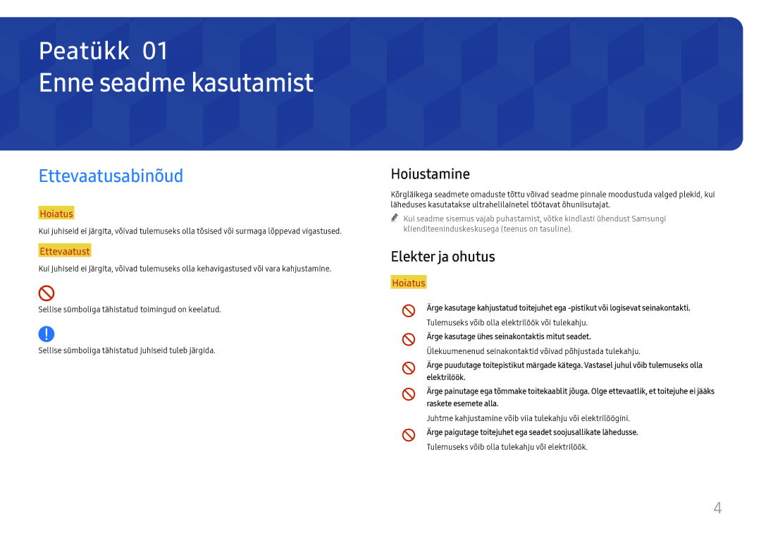 Samsung LH55WMHPTWC/EN manual Enne seadme kasutamist, Ettevaatusabinõud, Hoiustamine, Elekter ja ohutus 