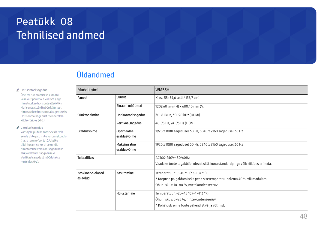 Samsung LH55WMHPTWC/EN manual Tehnilised andmed, Üldandmed, Mudeli nimi 