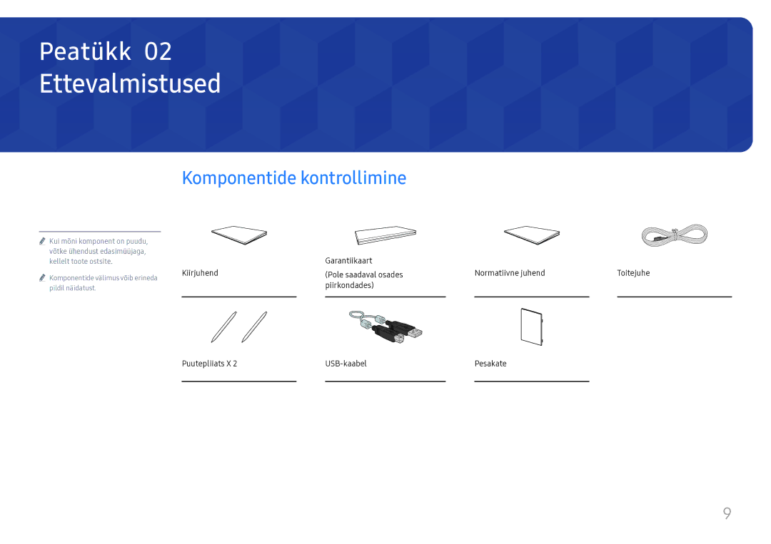 Samsung LH55WMHPTWC/EN manual Ettevalmistused, Komponentide kontrollimine 