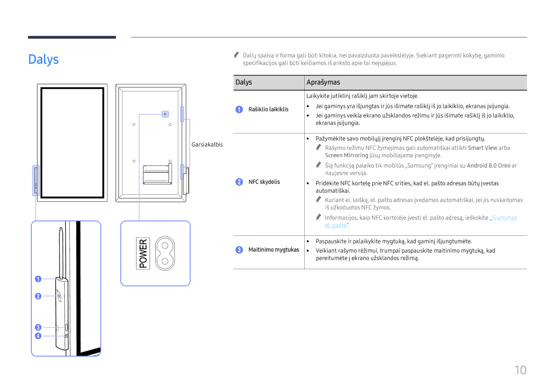 Samsung LH55WMHPTWC/EN manual Dalys Aprašymas, Rašiklio laikiklis, NFC skydelis 