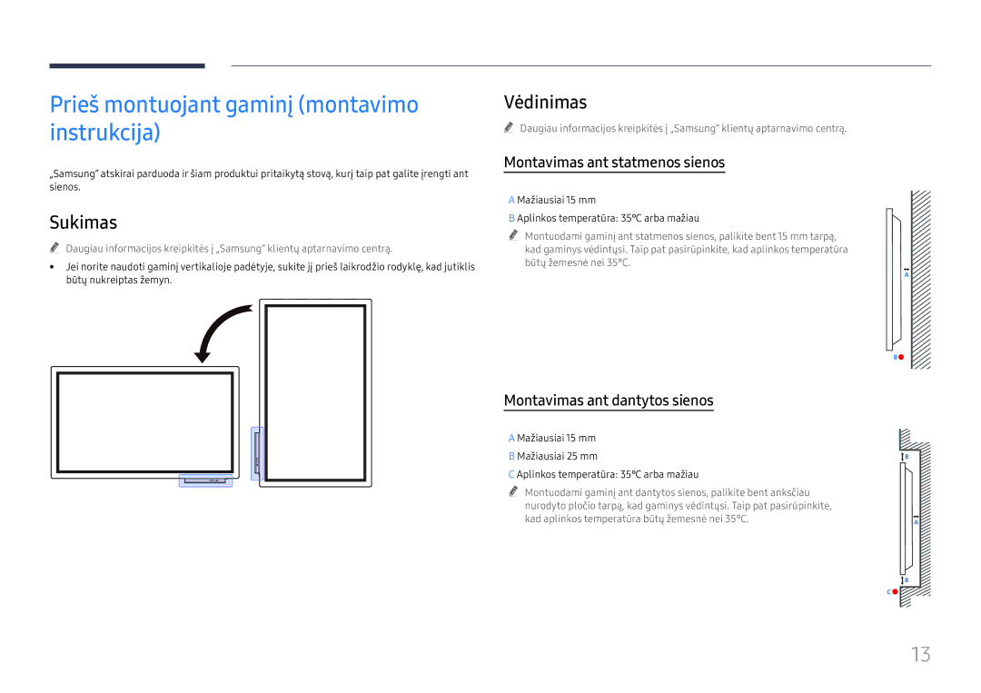 Samsung LH55WMHPTWC/EN Prieš montuojant gaminį montavimo instrukcija, Sukimas, Vėdinimas, Montavimas ant statmenos sienos 