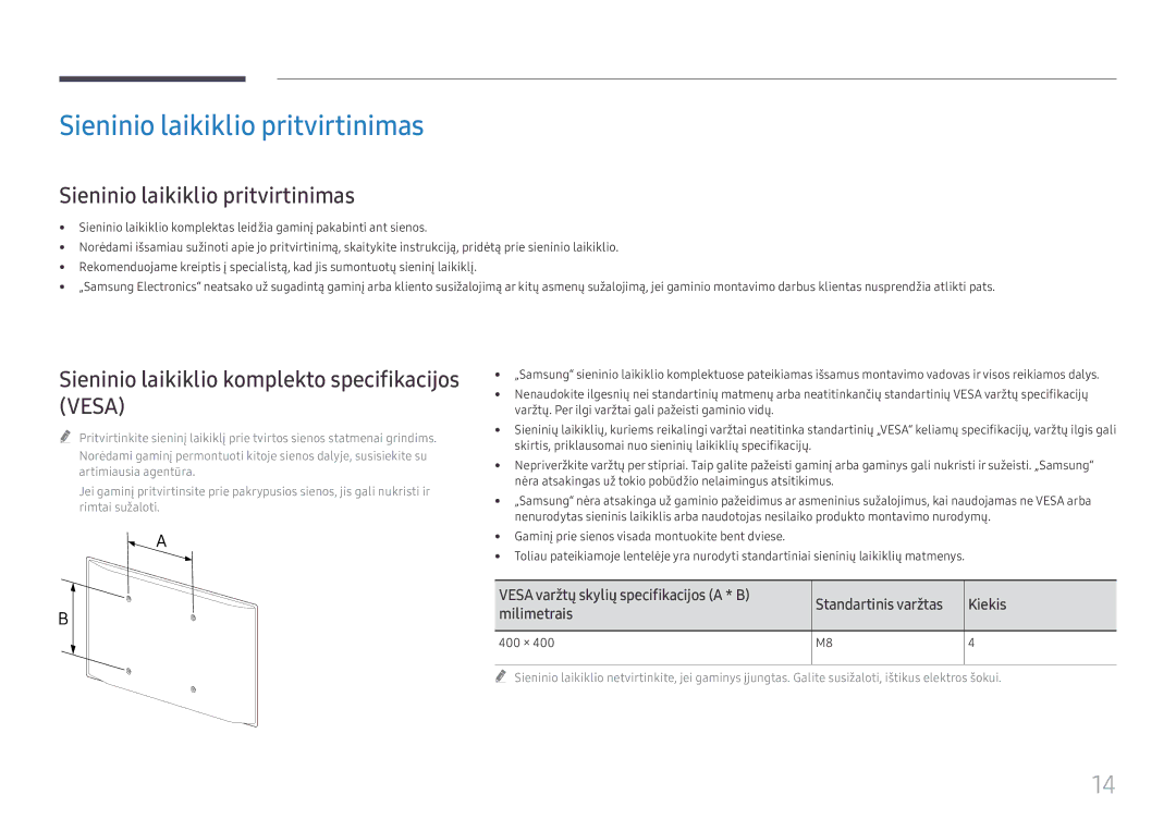 Samsung LH55WMHPTWC/EN manual Sieninio laikiklio pritvirtinimas, Sieninio laikiklio komplekto specifikacijos Vesa, 400 × 