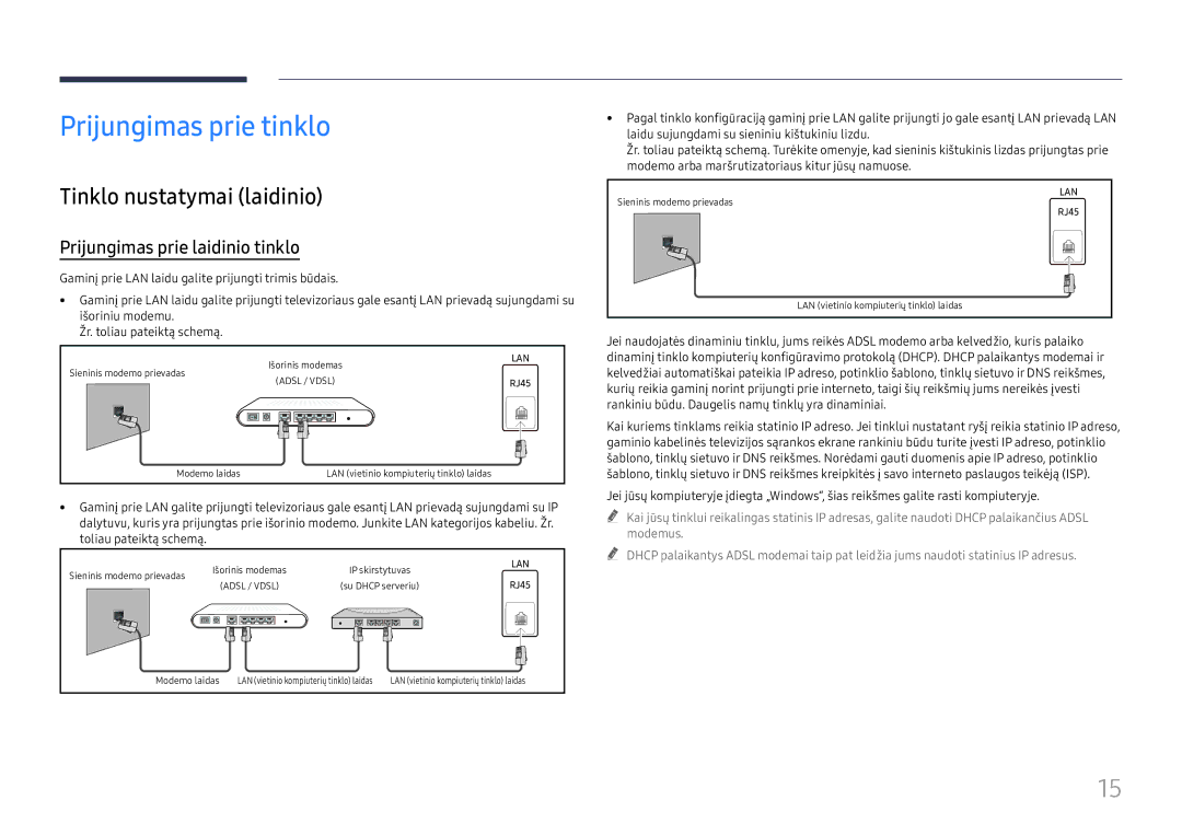 Samsung LH55WMHPTWC/EN manual Prijungimas prie tinklo, Tinklo nustatymai laidinio, Prijungimas prie laidinio tinklo 