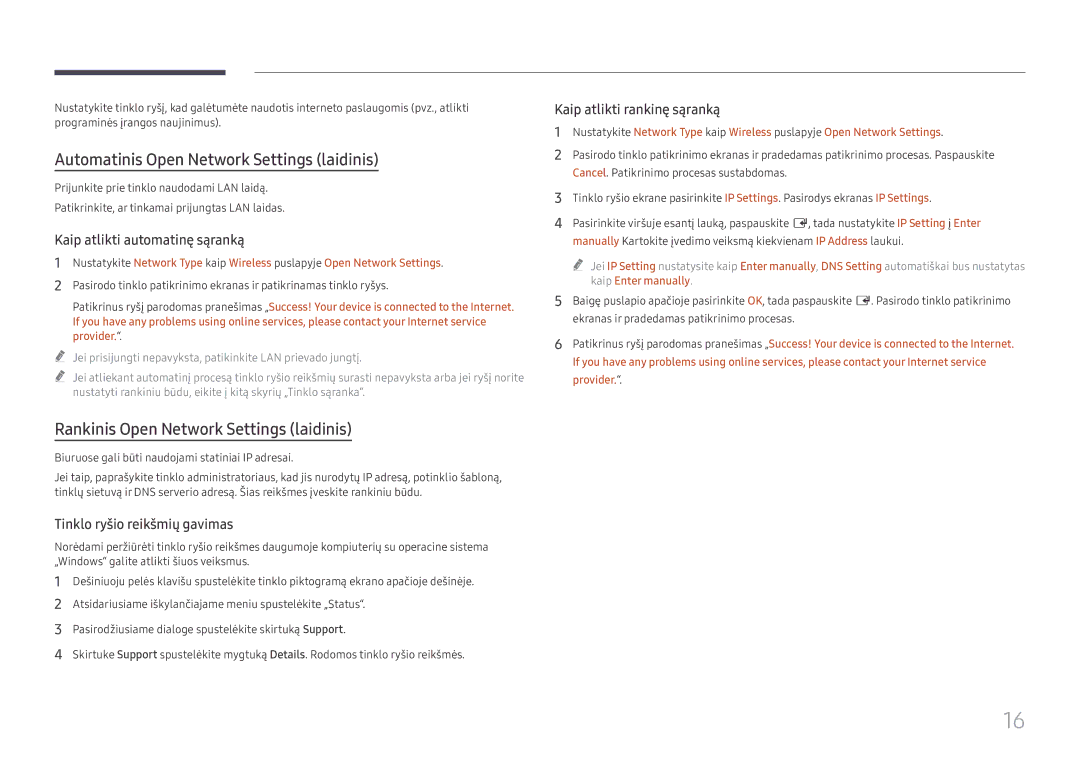 Samsung LH55WMHPTWC/EN manual Automatinis Open Network Settings laidinis, Rankinis Open Network Settings laidinis 