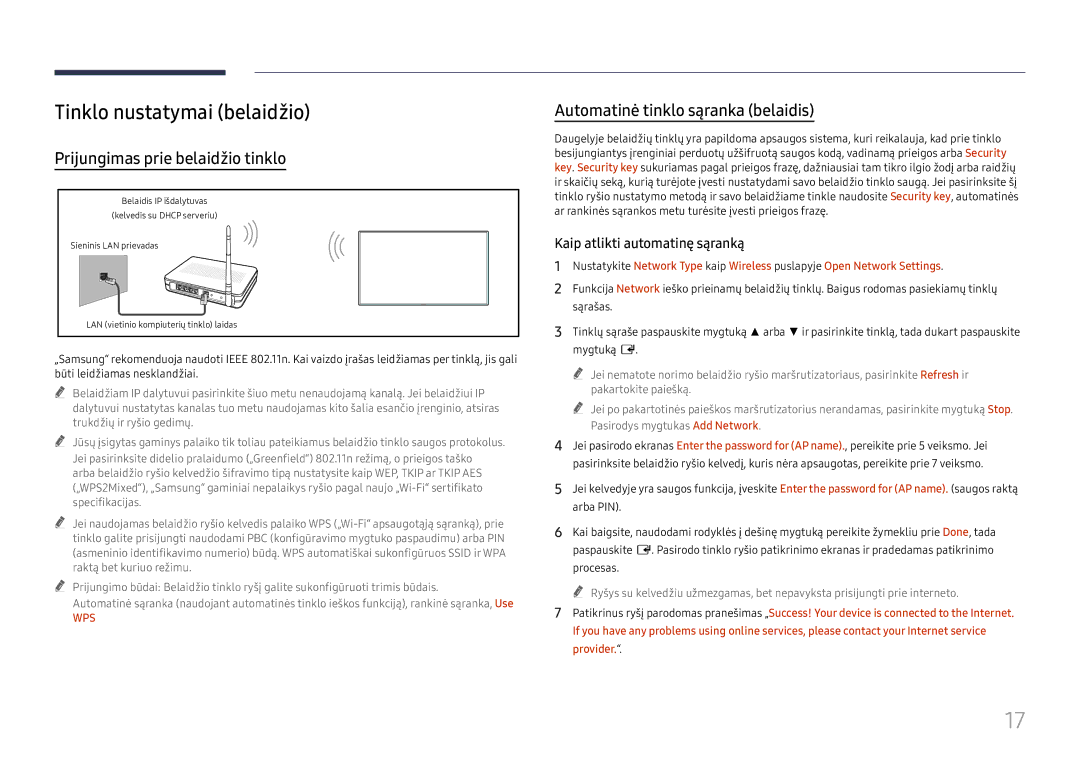 Samsung LH55WMHPTWC/EN Tinklo nustatymai belaidžio, Prijungimas prie belaidžio tinklo, Automatinė tinklo sąranka belaidis 