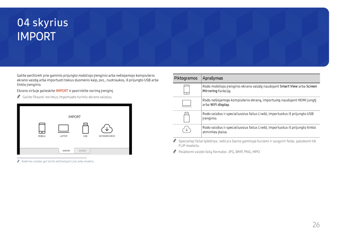 Samsung LH55WMHPTWC/EN manual Import, Piktogramos Aprašymas 